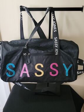 Sassy Jones Black Travel Duffel with Multicolor Lettering